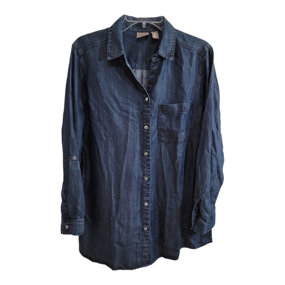 Chico's Dark Wash Chambray Tunic Top Large 12 Size 2 Button Up Shirt Tab Sleeves